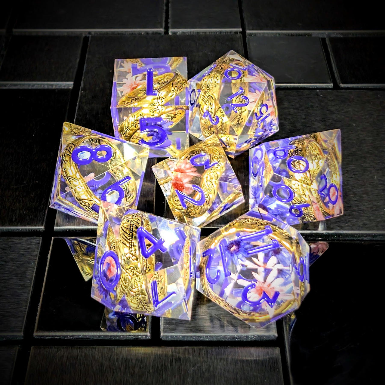 7pcs Dice Sharp Filled Gold Ring Flowers Purple Font Purple Clear