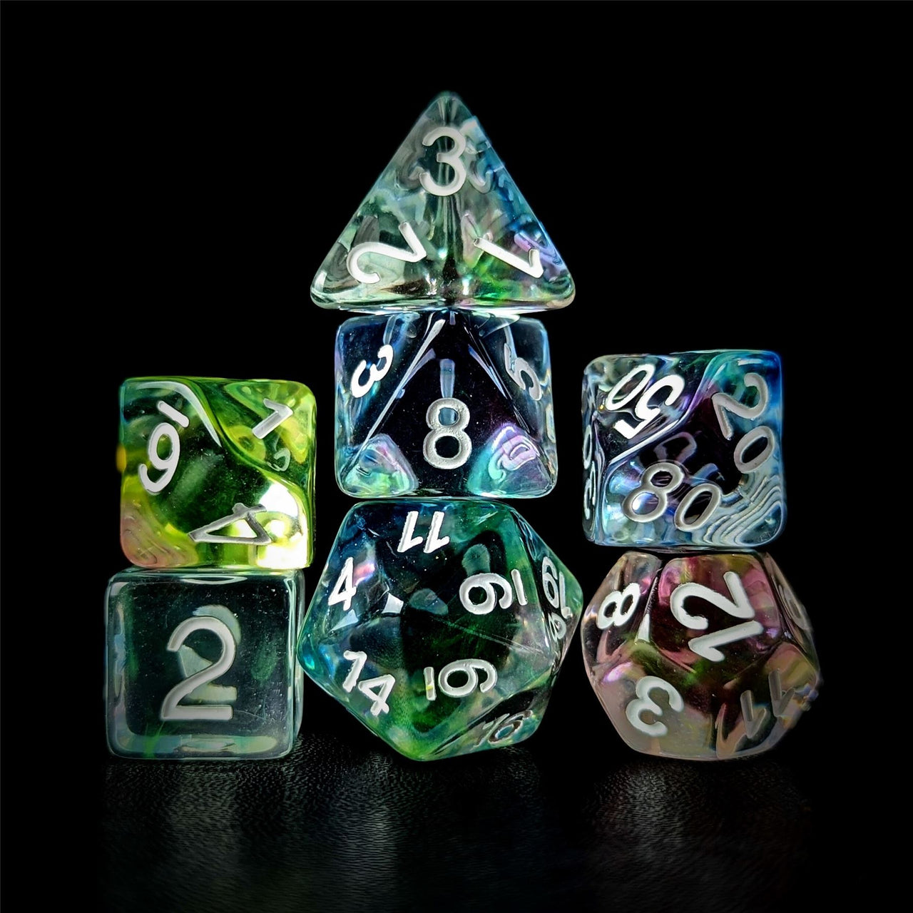 Multicolour Swirl in Clear Resin - 7pcs RPG Full Dice Set