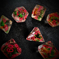 Thumbnail for Red & Green Flowers in Clear Resin - 7pcs RPG Full Dice Set