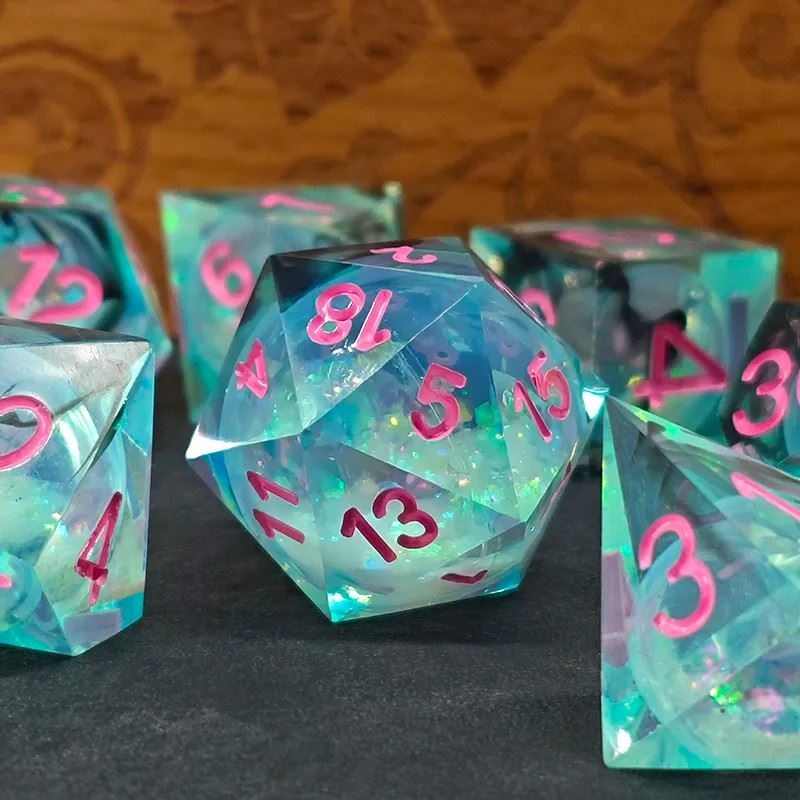 Black Swirl & Glitter in Cyan Liquid Filled Sharp Resin - 7pcs RPG Dice Set