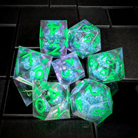 Thumbnail for 7pcs Dice Sharp Filled Liquid Green Font Blue Clear