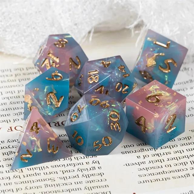 Candy in Blue & Pink with Copper Foil Sharp Resin - 7pcs RPG Dice Set