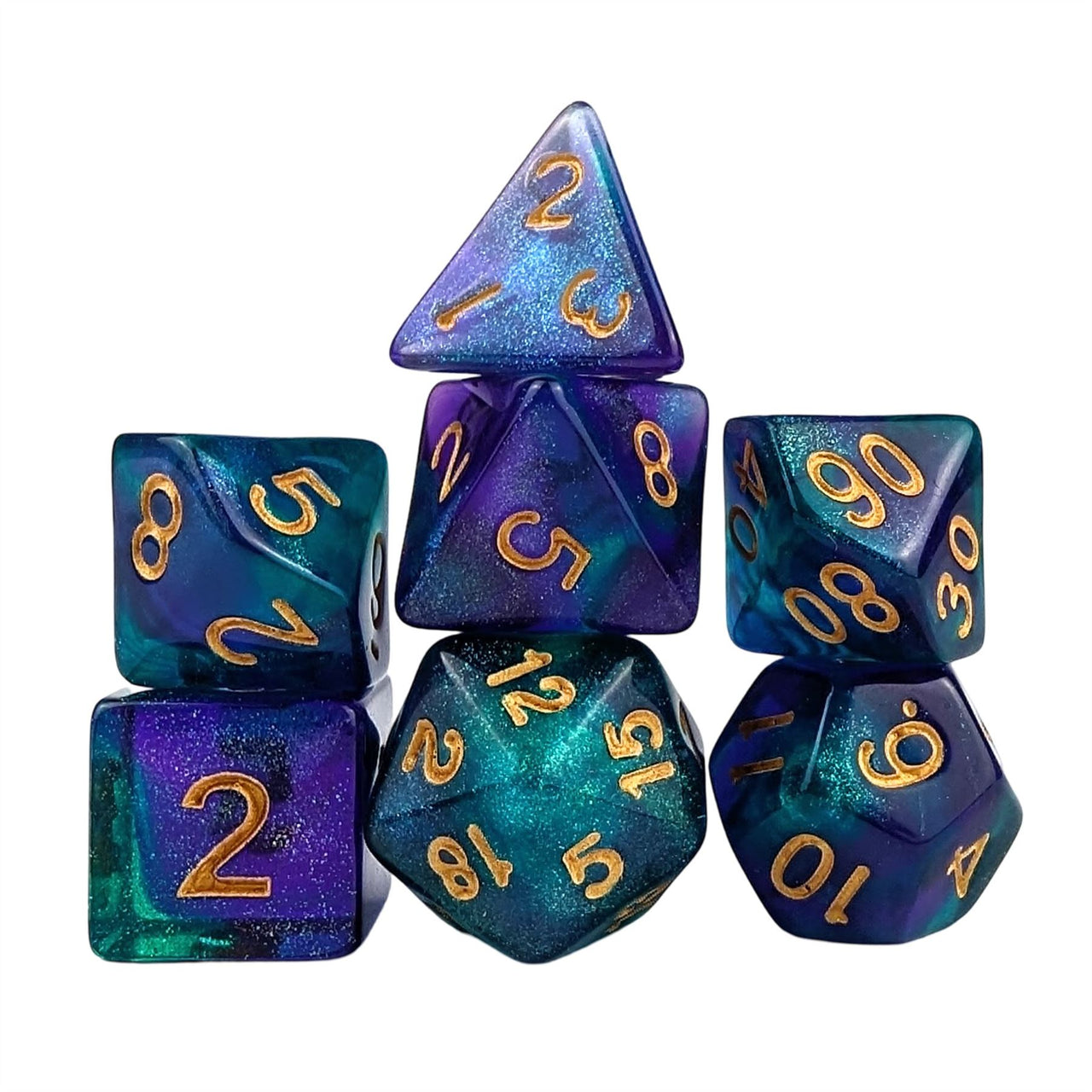 Glitter in Purple & Green Acrylic - 7pcs RPG Full Dice Set White Stack