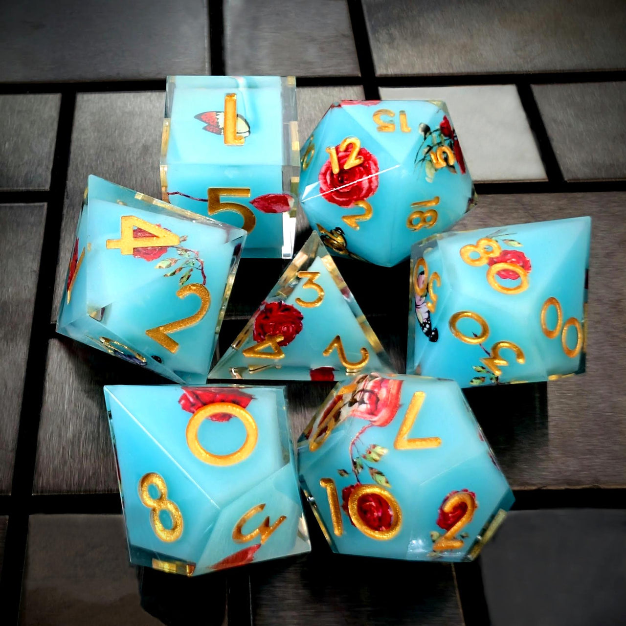 Butterfly & Flower in Blue Filled Sharp Resin - 7pcs RPG Dice Set