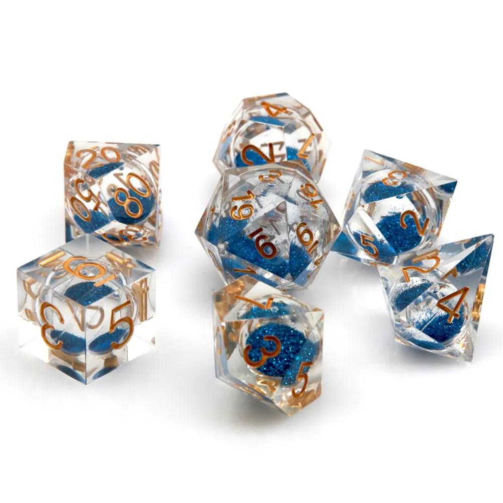 Blue Sand in Clear Liquid Filled Sharp Resin - 7pcs RPG Dice Set