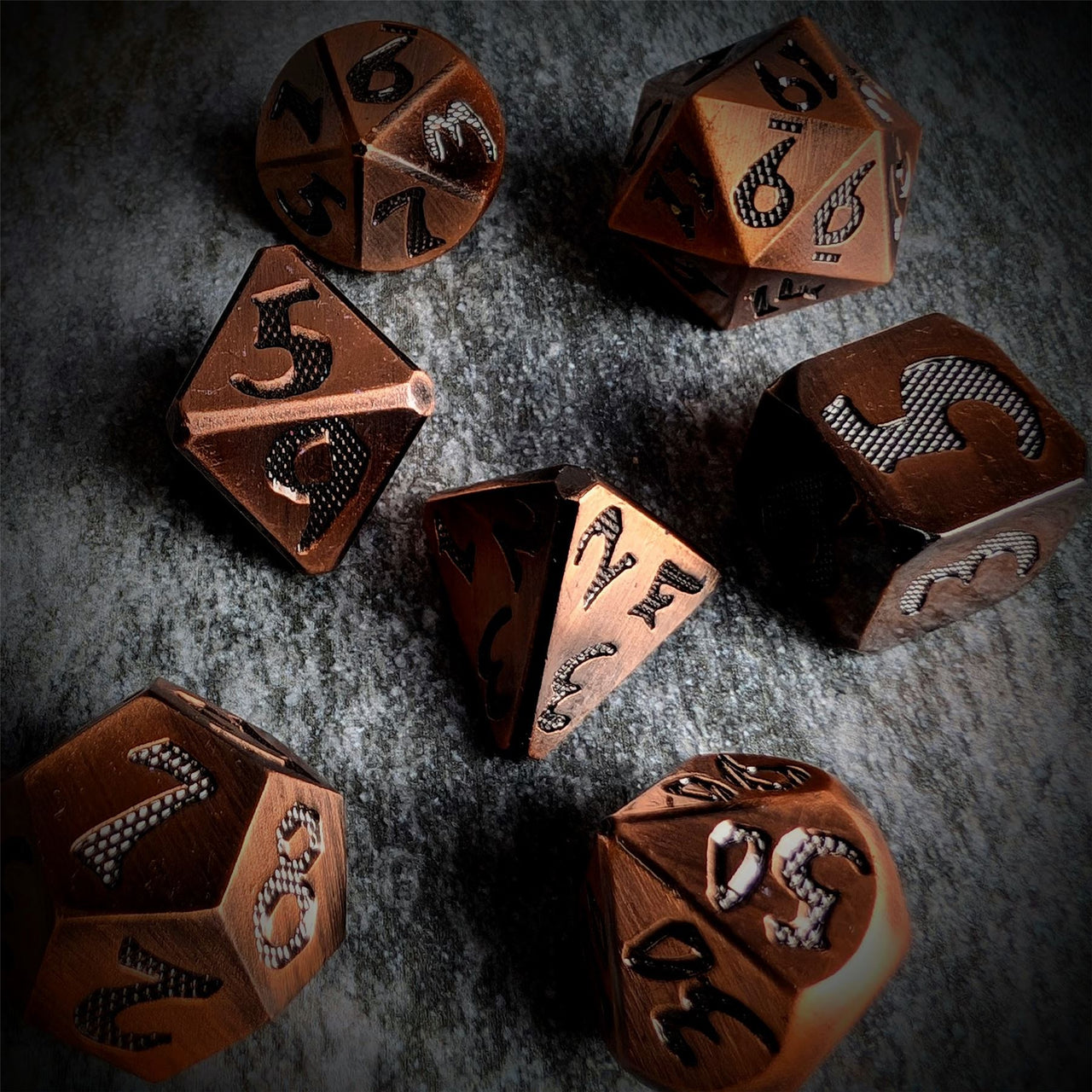 Black Font in Copper Metal - 7pcs RPG Dice Set