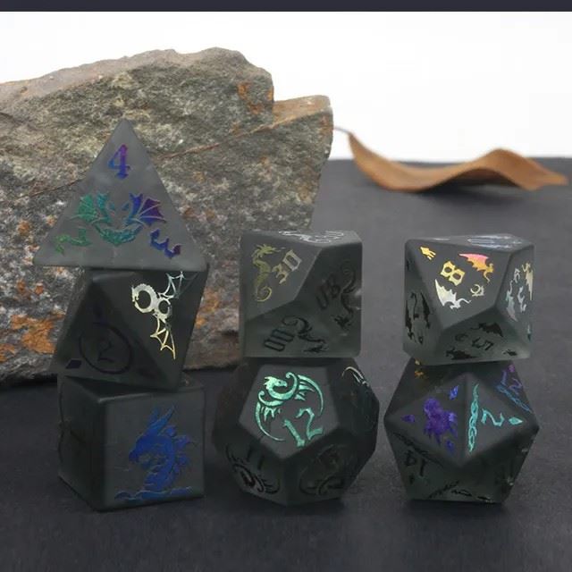 Dragon on Cracked & Frosted Grey Glass - 7pcs RPG Dice Set