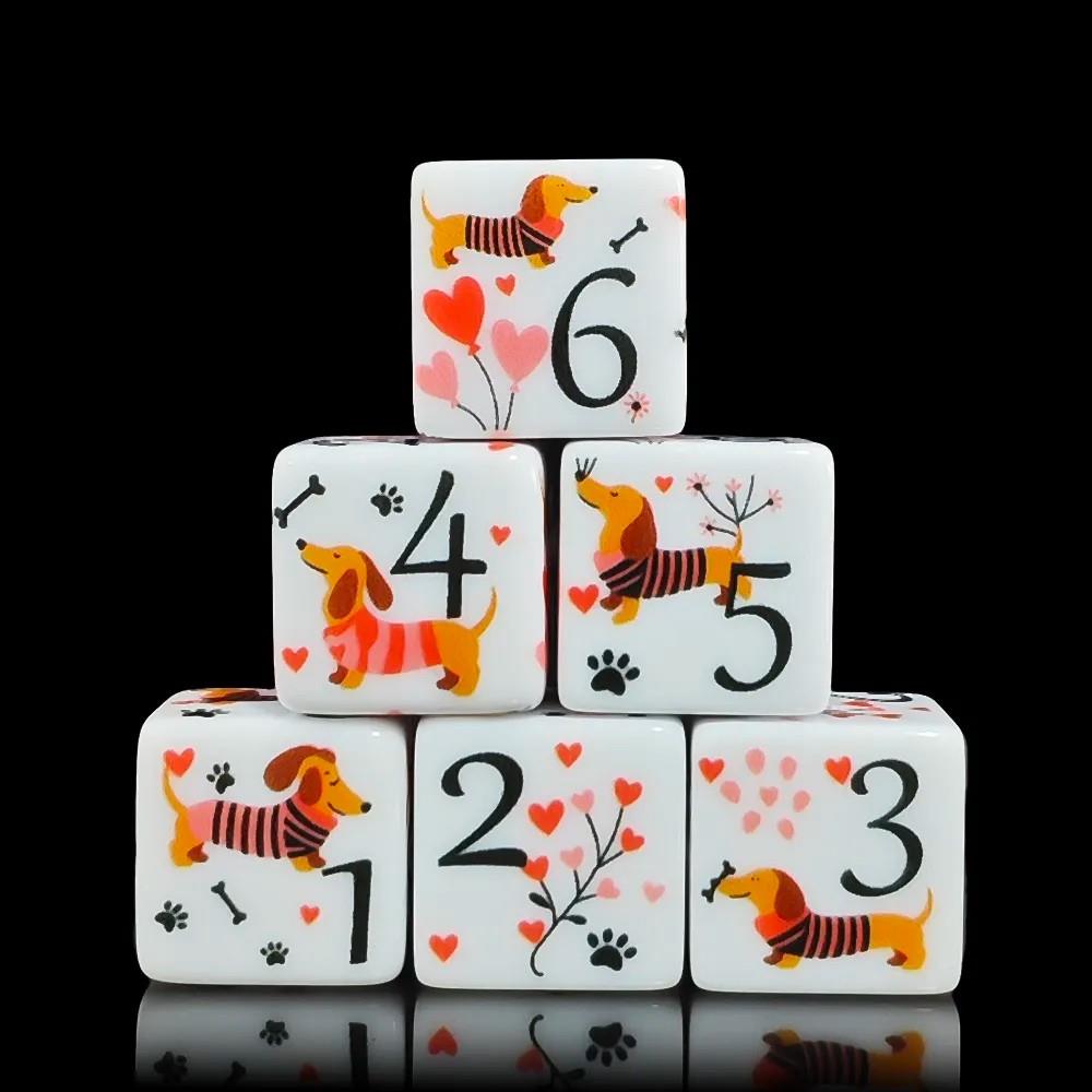 6pcs D6 16mm Dice Acrylic Printed Dog Heart Black Font White
