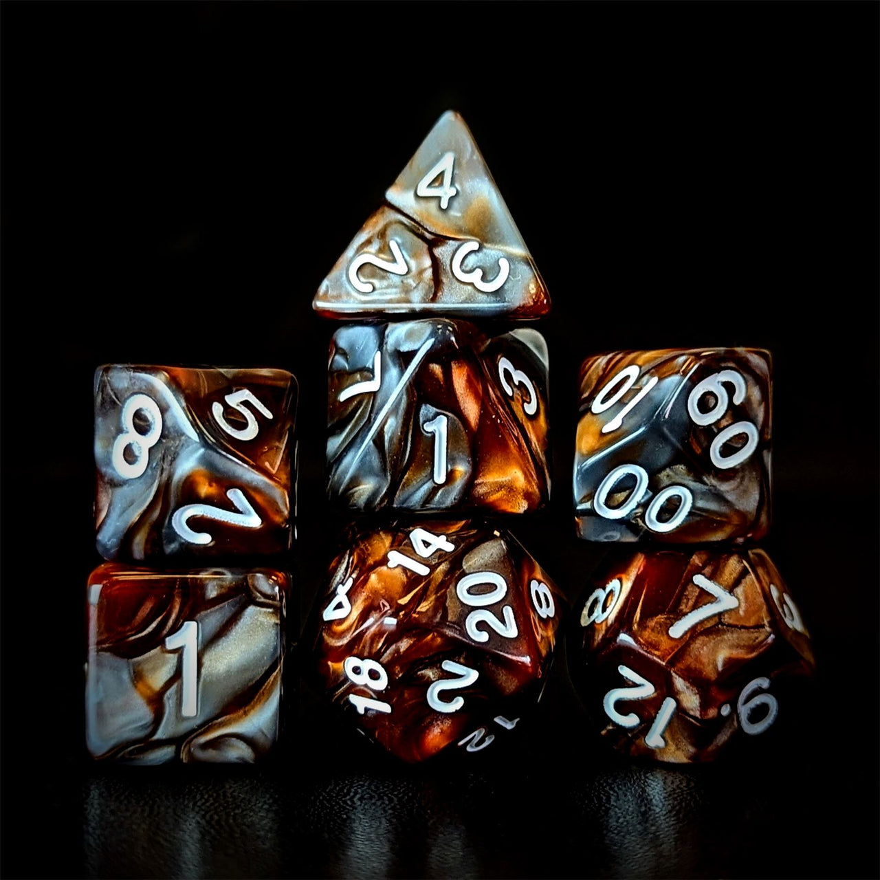 Blend of Copper & Grey Acrylic - 7pcs RPG Full Dice Set Dark Stack