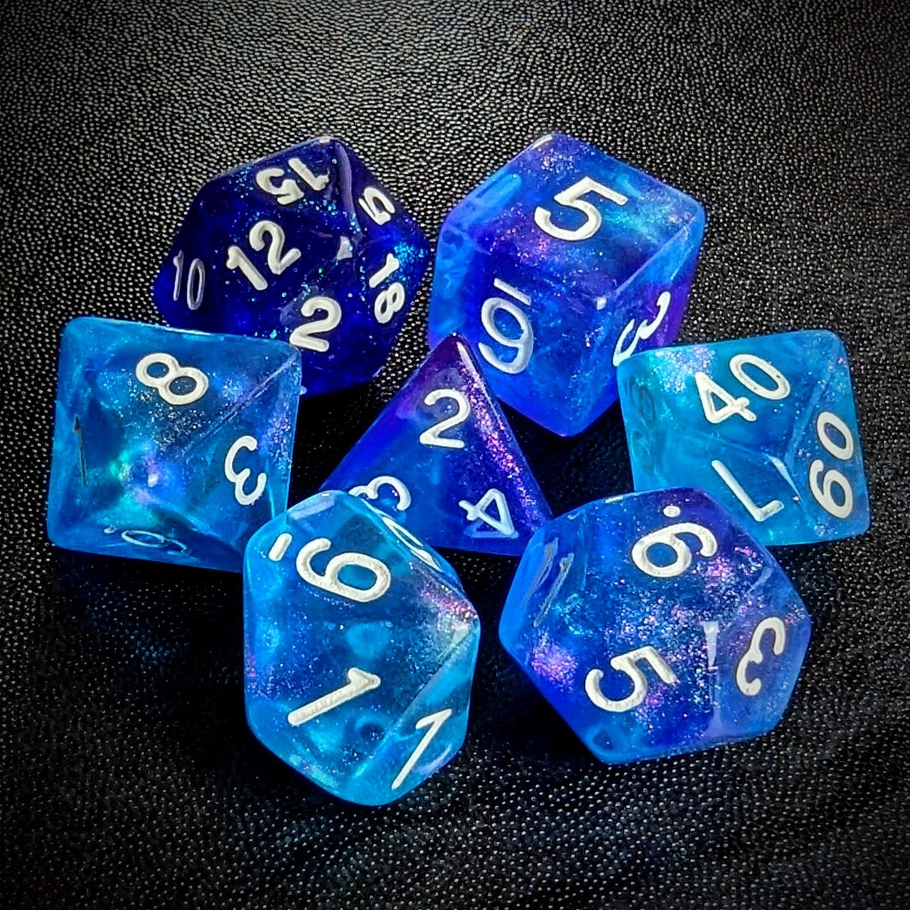 Glitter in Blue & Cyan Acrylic - 7pcs RPG Full Dice Set Top