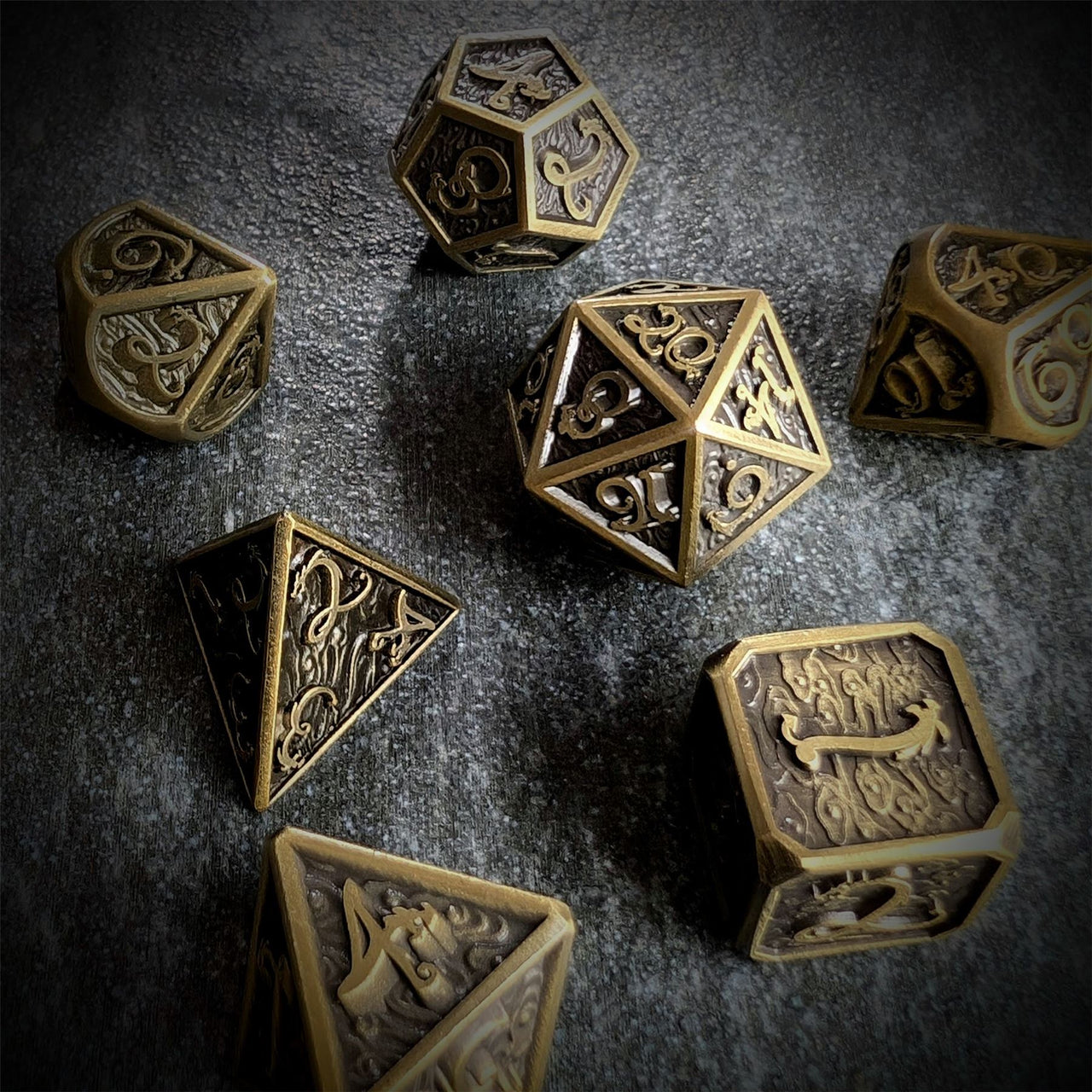 Bronze Metal with Dragon Font - 7pcs RPG Dice Set