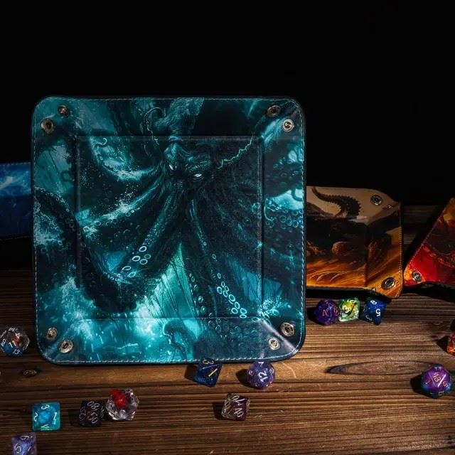 Cthulu on Green PU Leather - Square Hard Dice Tray