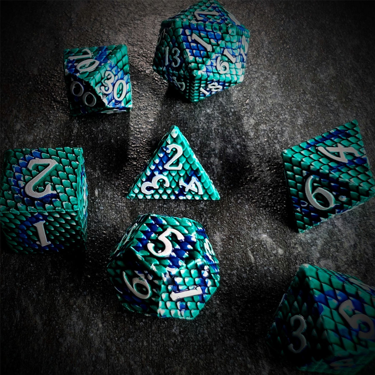 Green & Blue Dragon Scale Metal - 7pcs RPG Dice Set