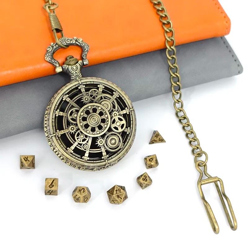 Cog Wheel on Bronze Pocket Watch with Mini Dice - Pendant