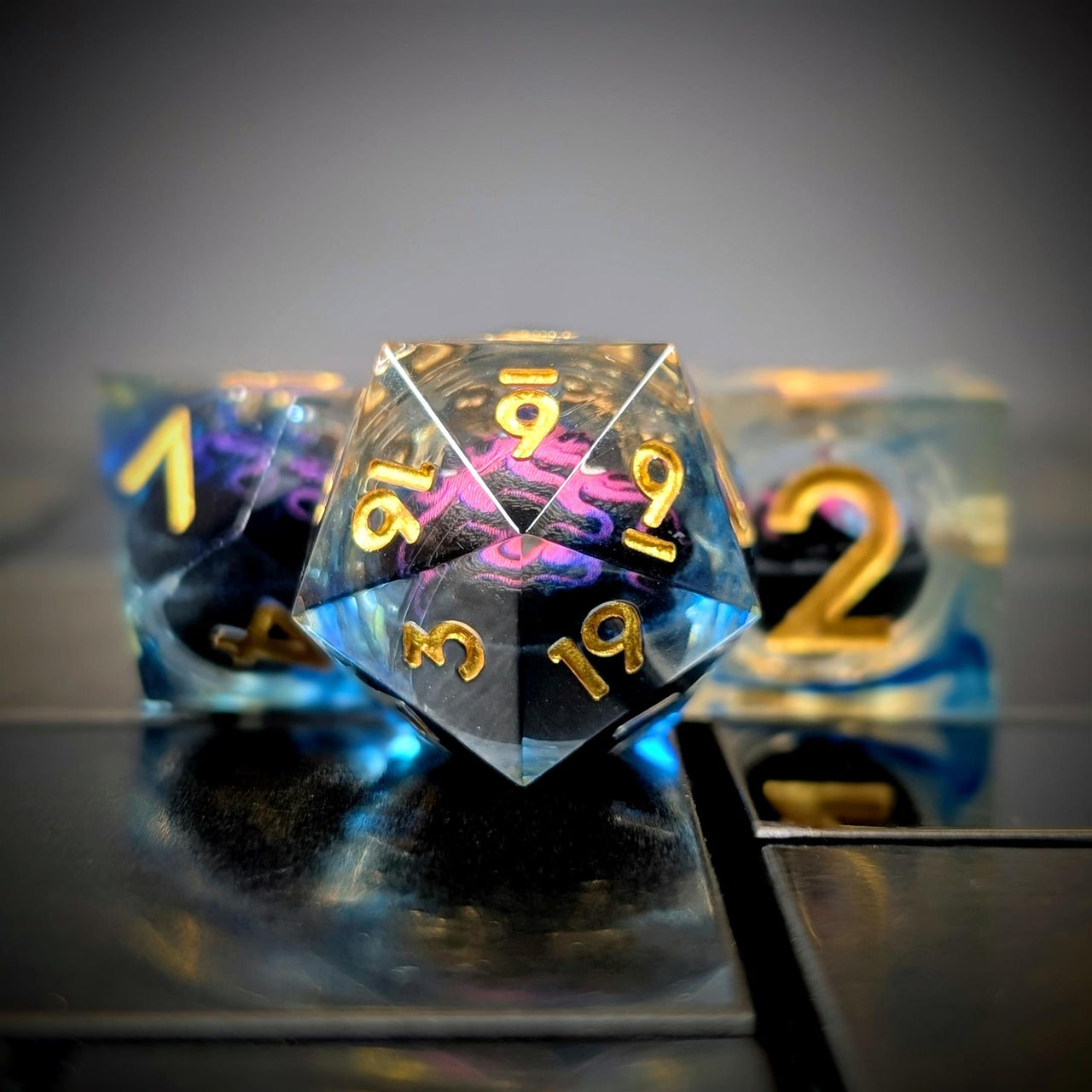7pcs Dice Sharp Filled Liquid Gold Font Octopus Blue Clear