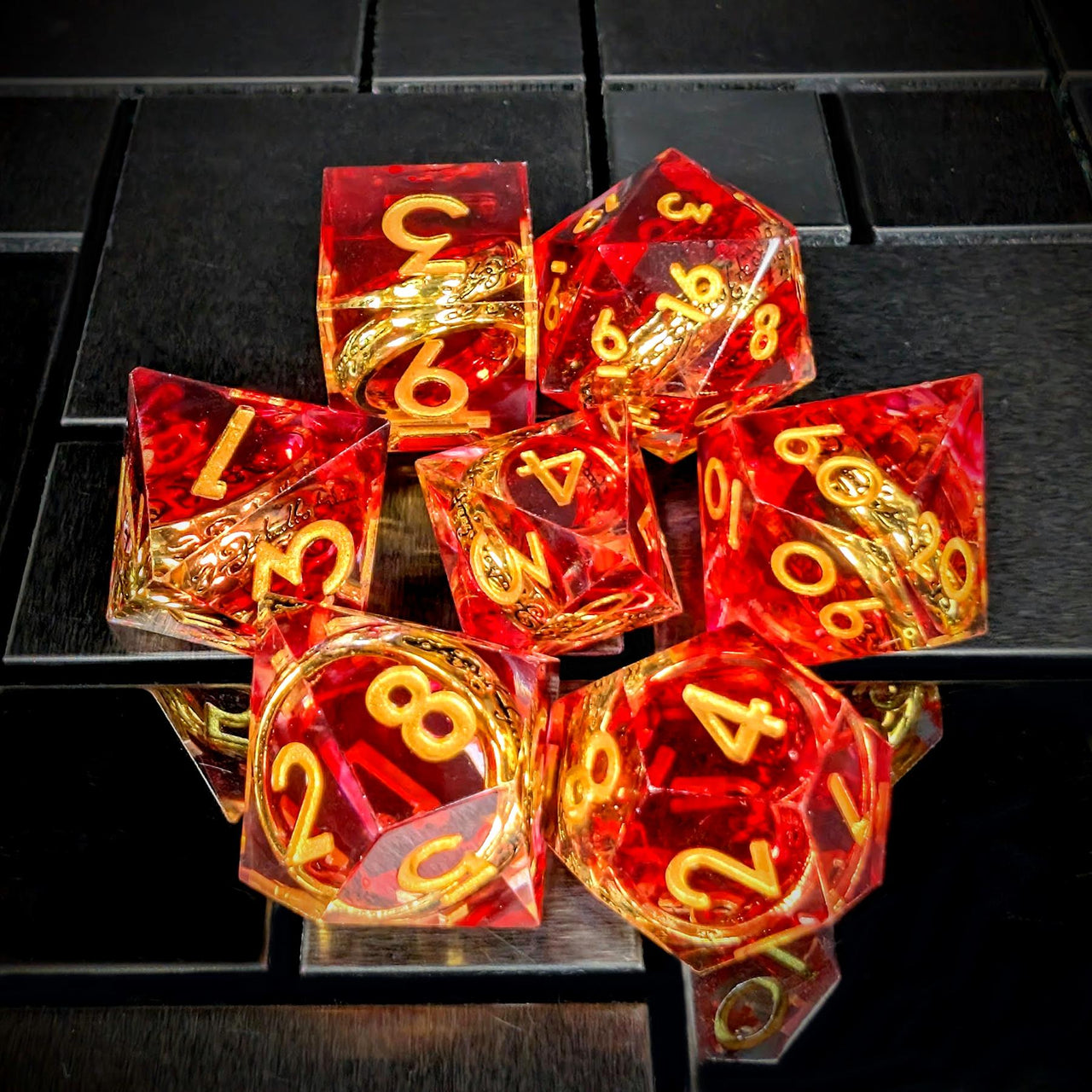 Gold Ring in Red & Clear Filled Sharp Resin - 7pcs RPG Dice Set