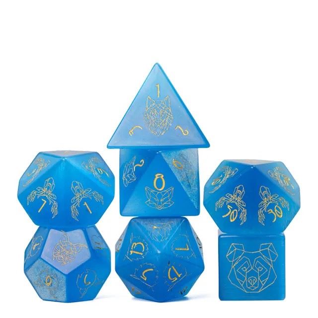 Beasts on Blue Cat Eye Gemstone - 7pcs RPG Dice Set