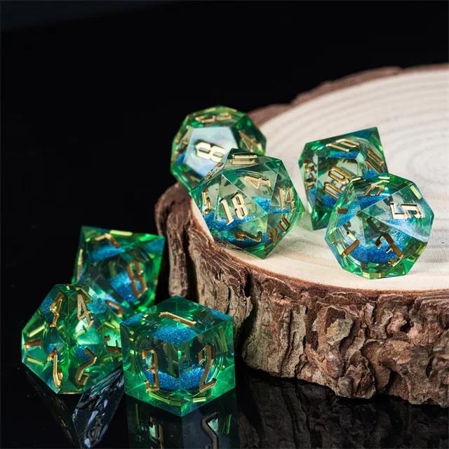 Blue Glitter in Green & Clear Liquid Filled Sharp Resin - 7pcs RPG Dice Set