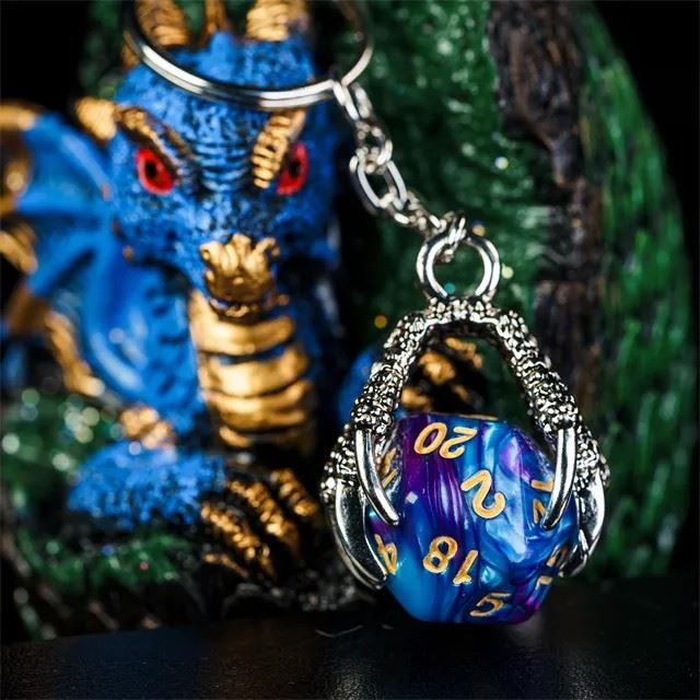 Blue & Purple Acrylic in  Silver Metal Claw - D20 Keyring