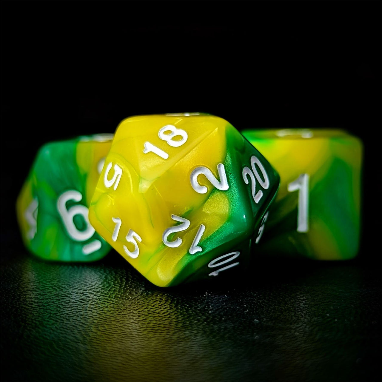 Blend of Green & Yellow Acrylic - 7pcs RPG Full Dice Set Close