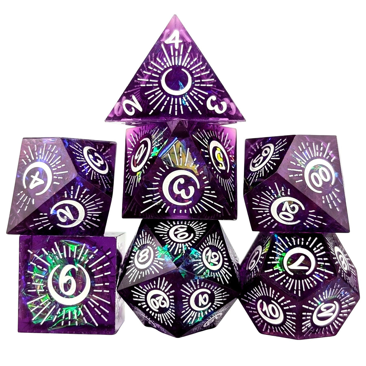 Moon on Purple with White Swirl Sharp Resin - 7pcs RPG Dice Set