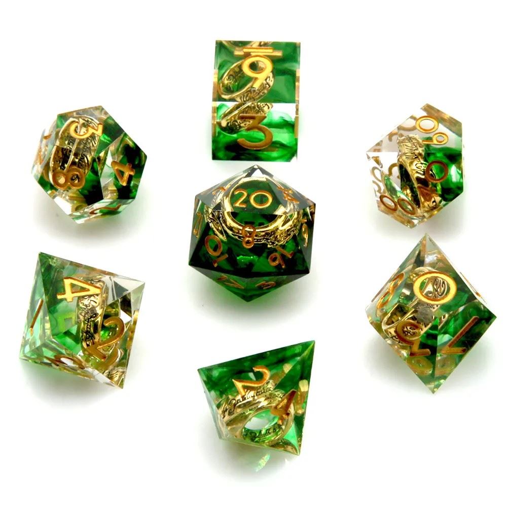 Gold Ring in Green & Clear Filled Sharp Resin - 7pcs RPG Dice Set