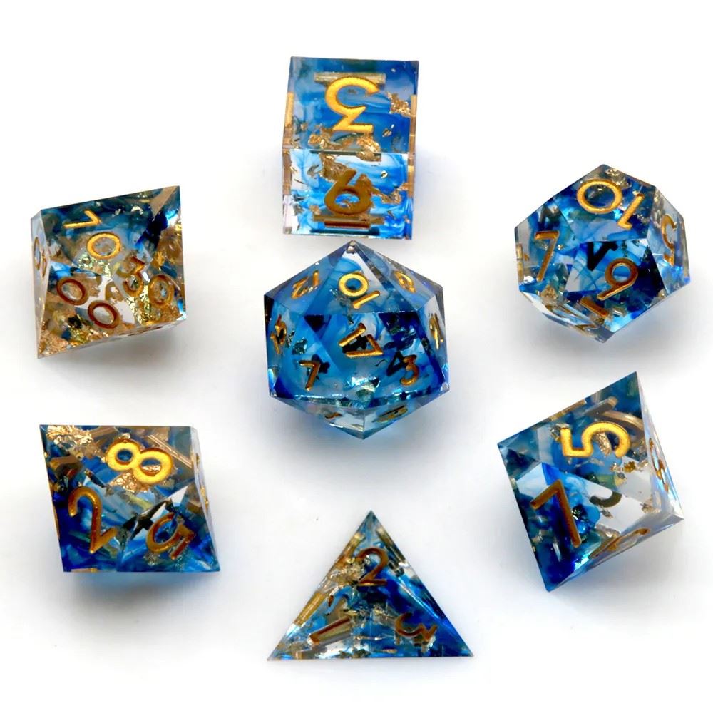 Blue Swirl in Clear with Gold Foil Sharp Resin - 7pcs RPG Dice Set