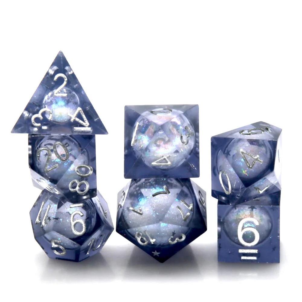 White Sand in Dark Blue Liquid Filled Sharp Resin - 7pcs RPG Dice Set