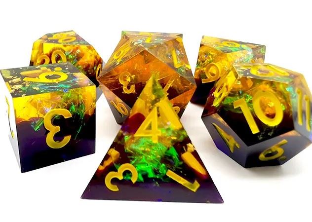 Yellow Swirl in Black with Gold Foil Sharp Resin - 7pcs RPG Dice Set