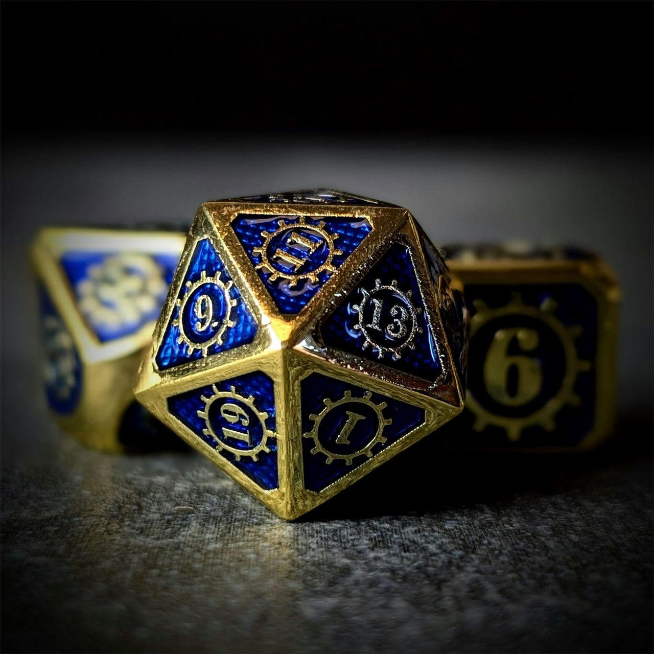 Gear in Blue Enamel Gold Metal - 7pcs RPG Dice Set