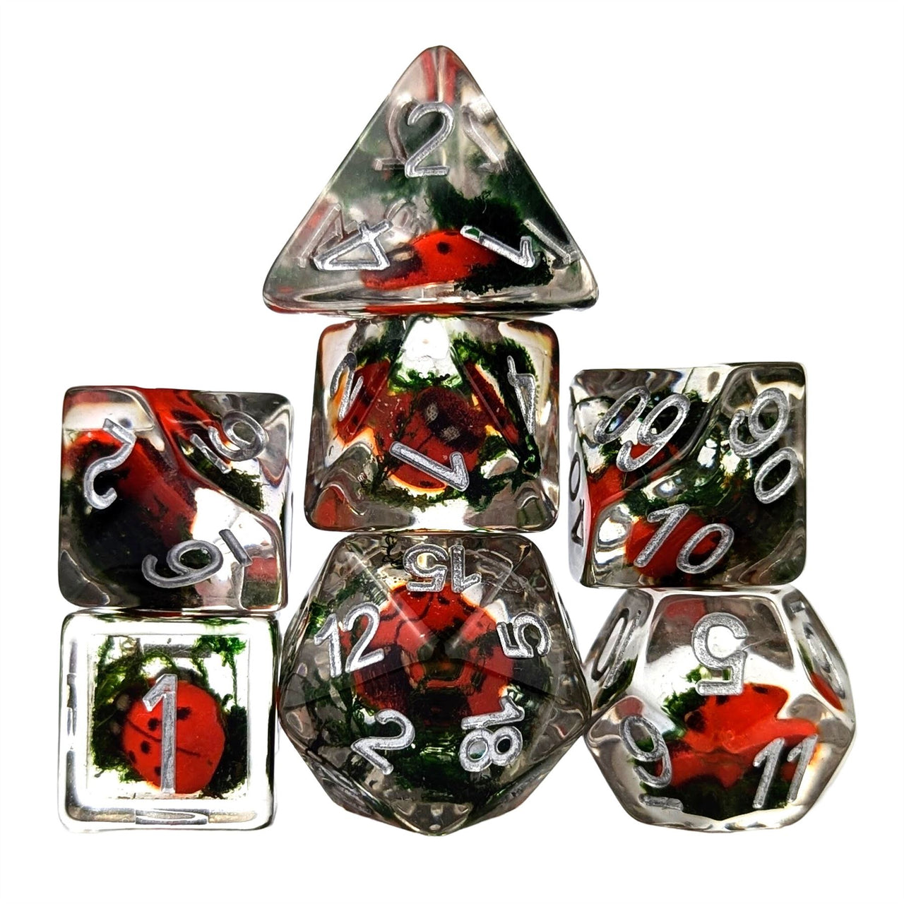 Ladybird in Moss Clear Resin - 7pcs RPG Full Dice Set