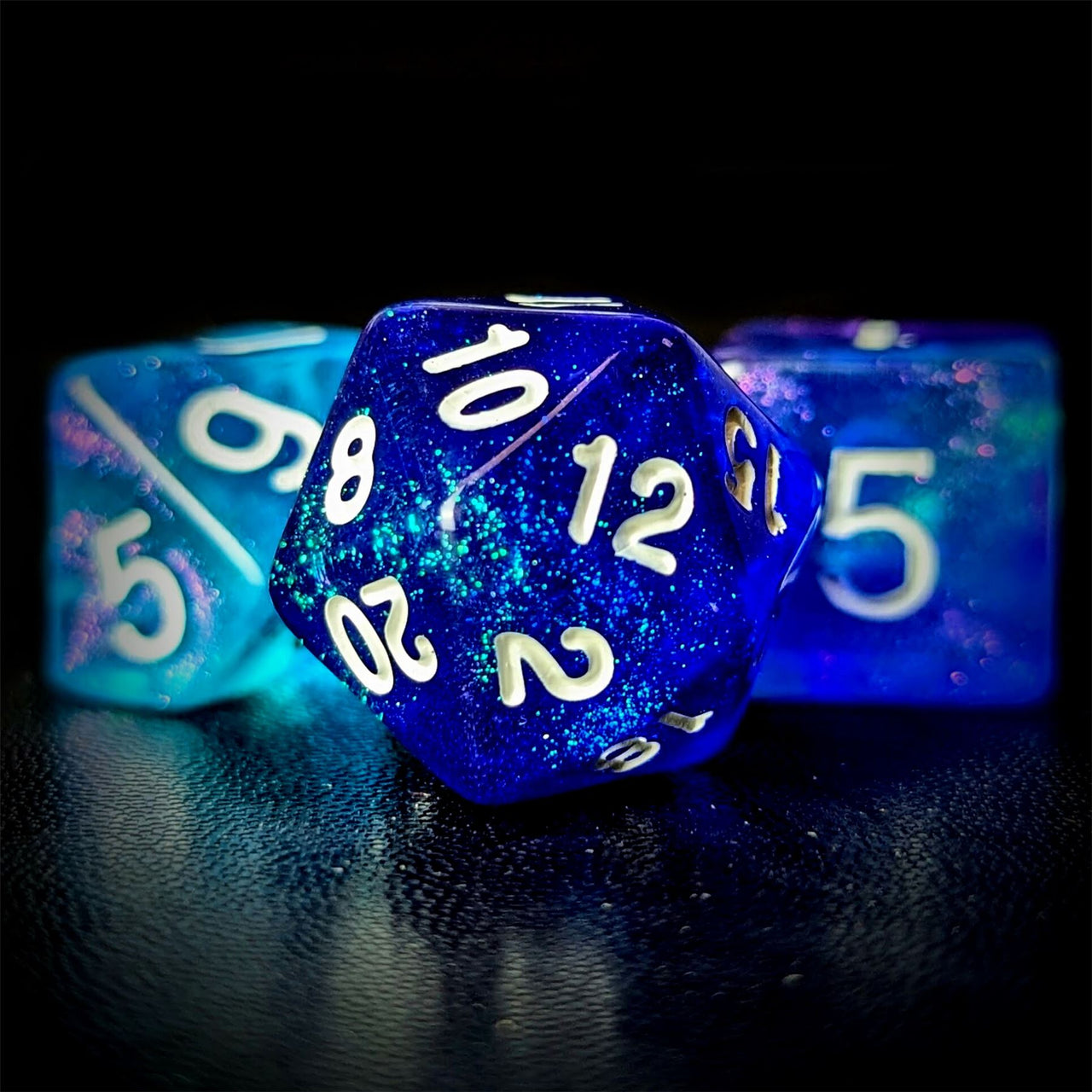 Glitter in Blue & Cyan Acrylic - 7pcs RPG Full Dice Set Close