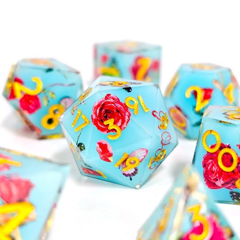 Butterfly & Flower in Blue Filled Sharp Resin - 7pcs RPG Dice Set