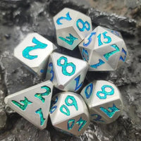 Thumbnail for Green & Cyan Font in Silver Metal - 7pcs RPG Dice Set