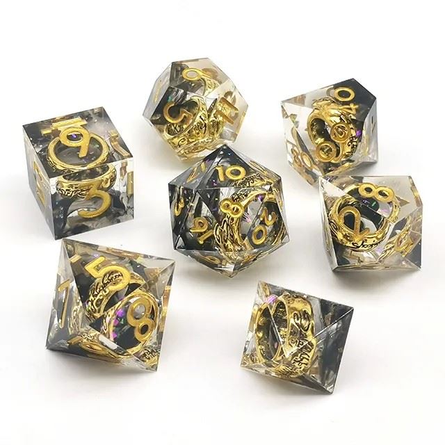 Gold Ring in Black & Clear Filled Sharp Resin - 7pcs RPG Dice Set