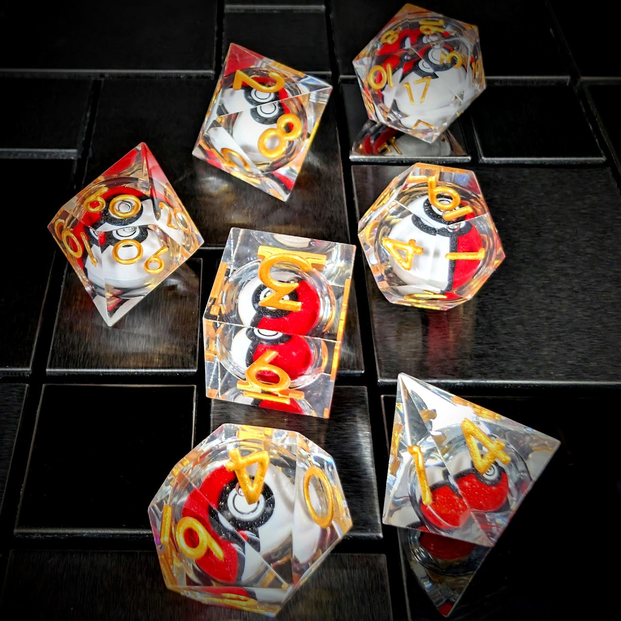 7pcs Dice Sharp Filled Poke Ball Gold Font Clear
