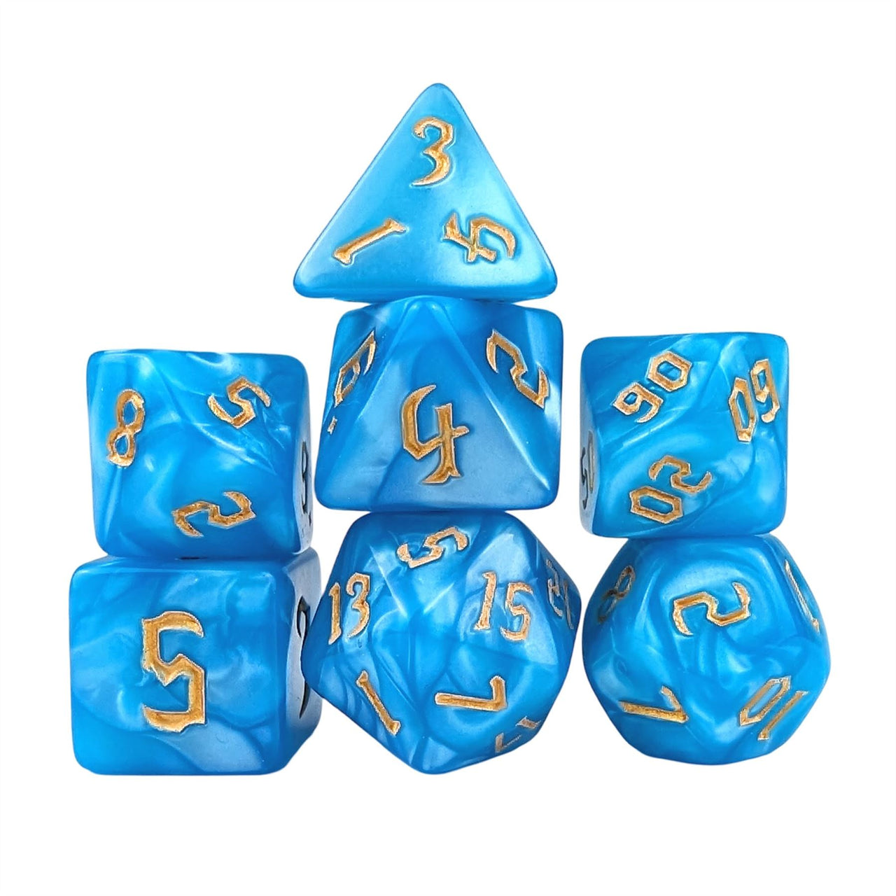 Blue Silk Acrylic - 7pcs RPG Full Dice Set White Stack