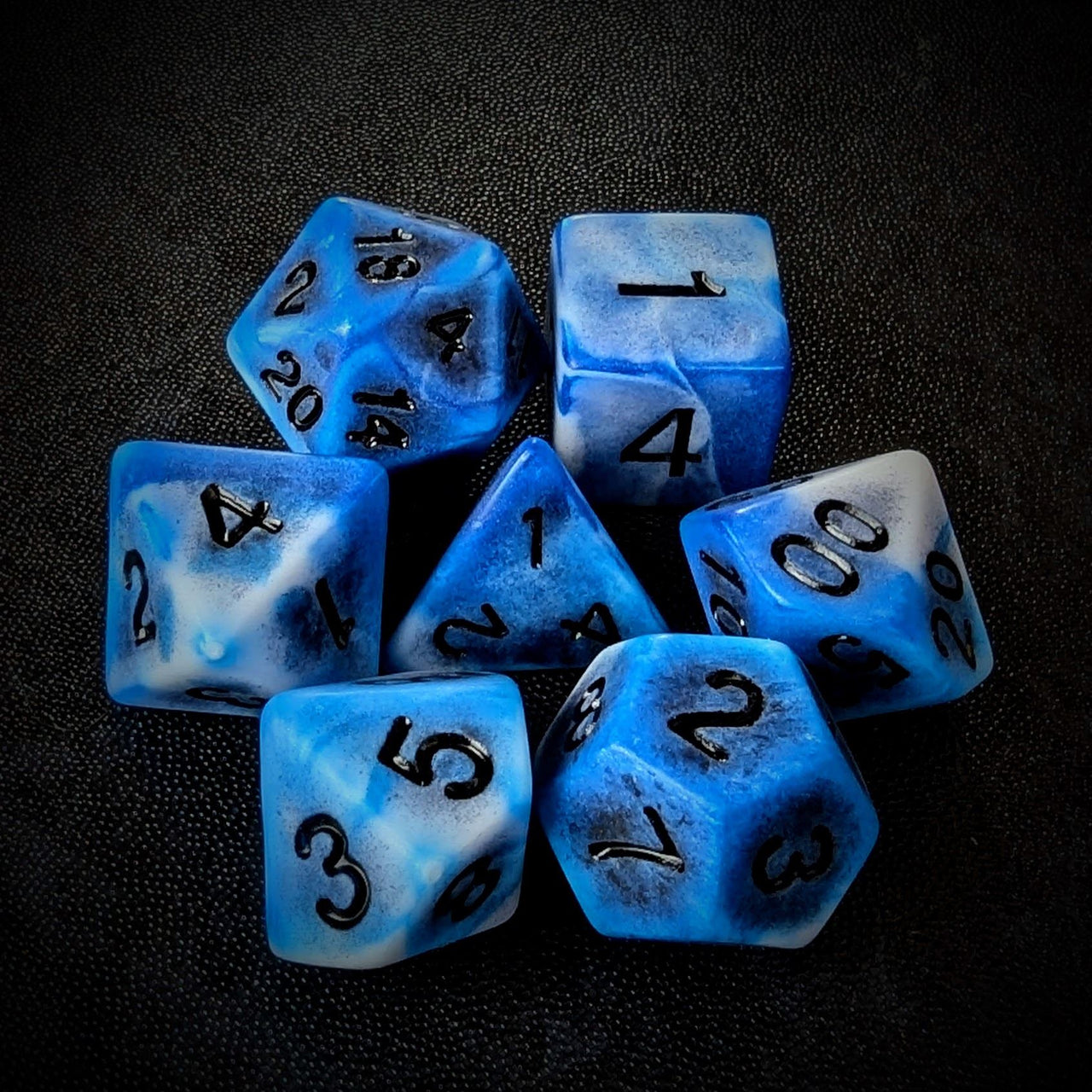 Washed Blue on White Acrylic - 7pcs RPG Full Dice Set Top