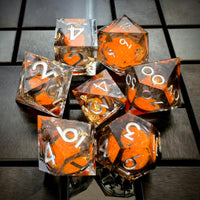 Thumbnail for 7pcs Dice Sharp Filled Liquid Glow Silver Font Foil Orange Clear