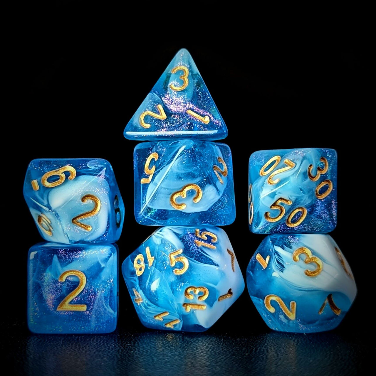 Glitter in Blue & White Acrylic - 7pcs RPG Full Dice Set Dark Stack