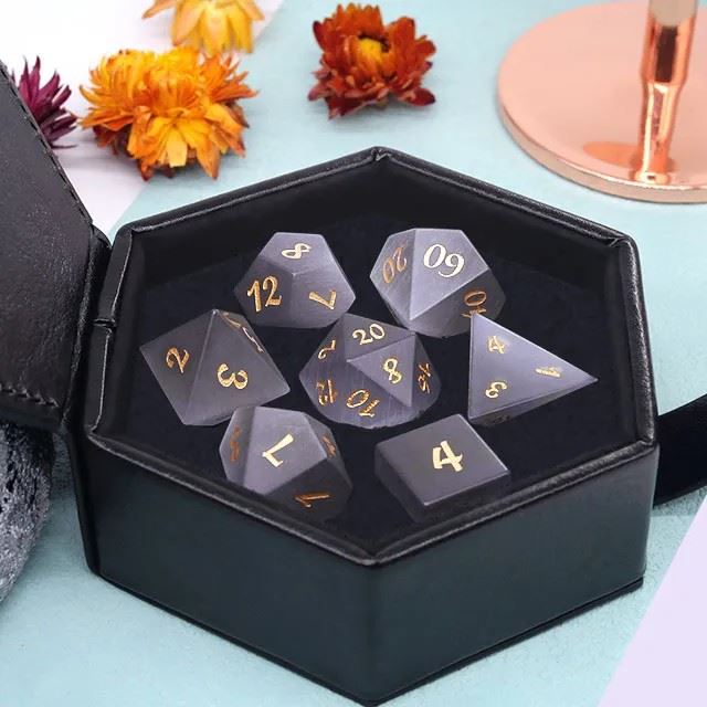 Frosted Grey Cat Eye Gemstone - 7pcs RPG Dice Set