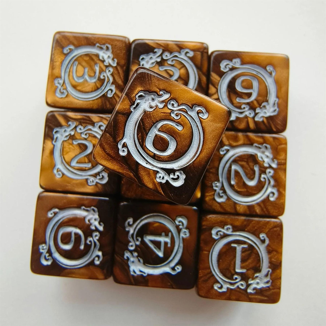 6pcs D6 17mm Dice Acrylic Blend Square Dragon Circle Silver Font Gold Brown
