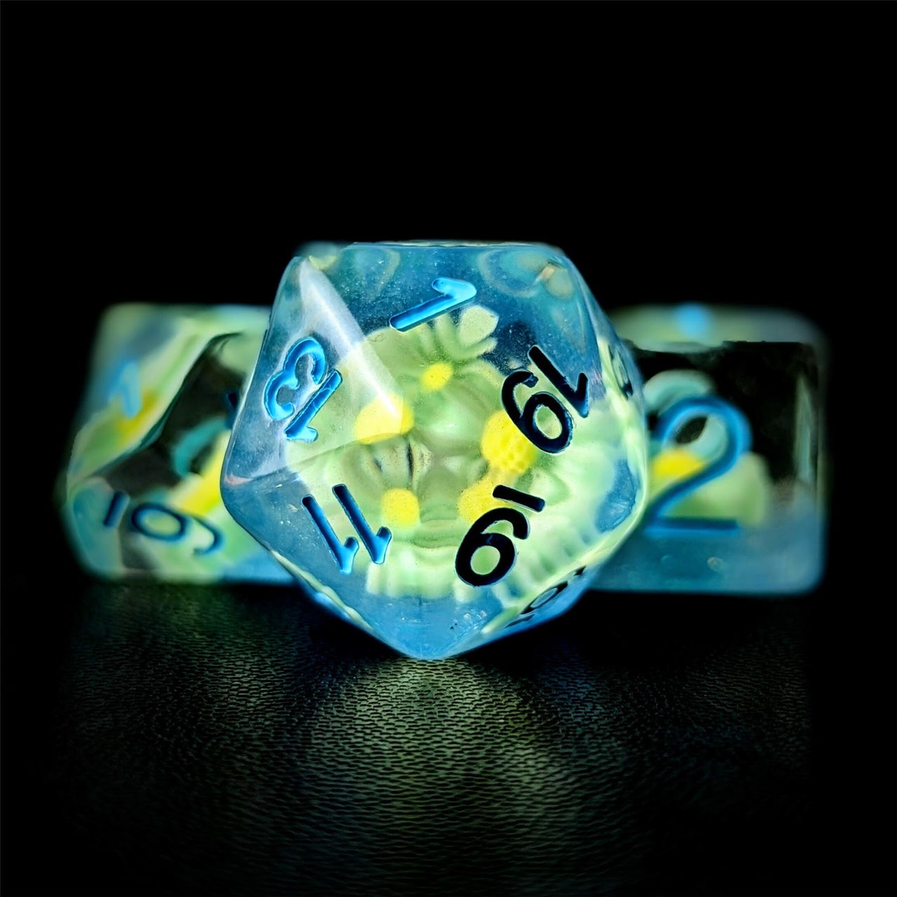 White Flowers in Clear & Blue Resin - 7pcs RPG Full Dice Set