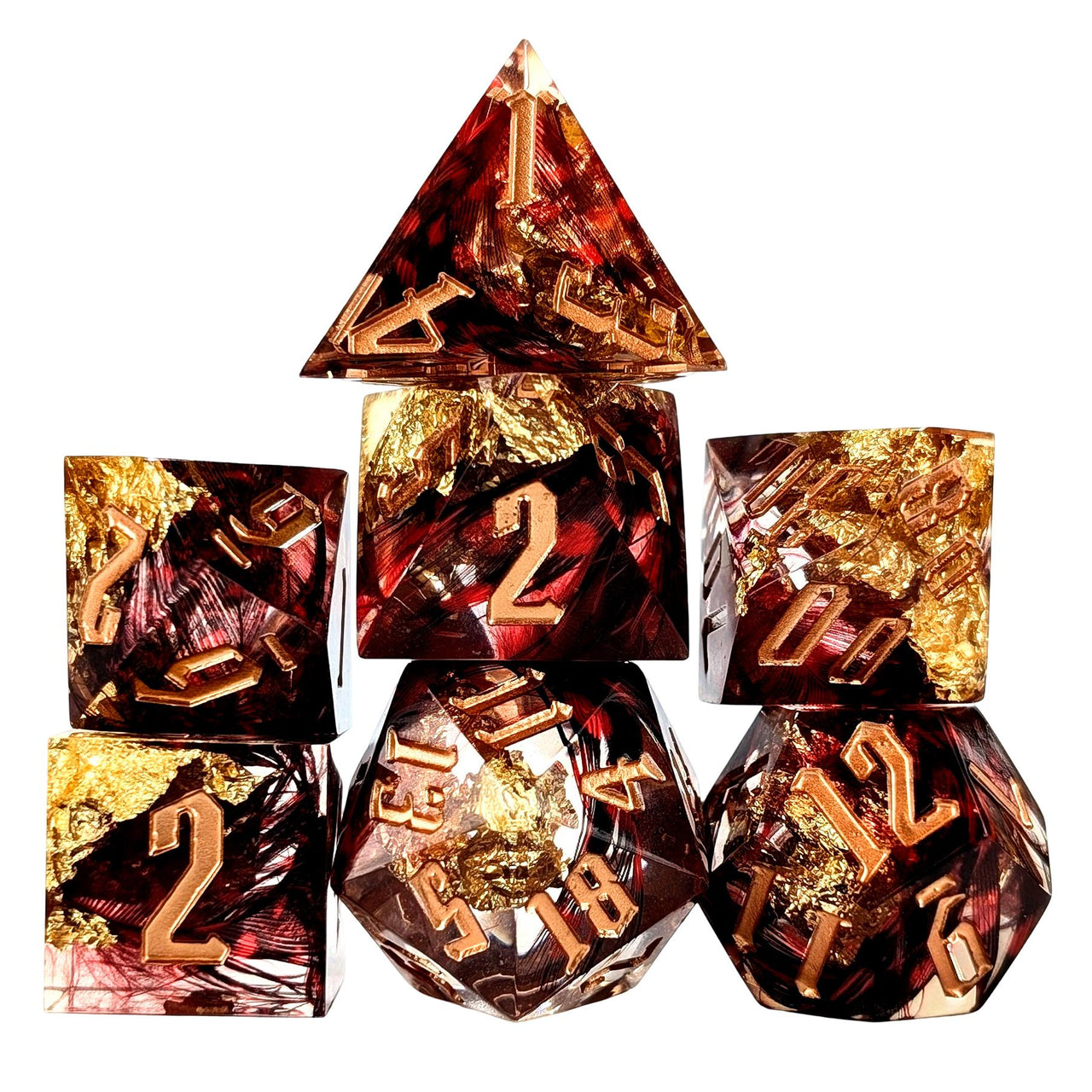 Foil Feather Black, Red & Clear Filled Sharp Resin - 7pcs RPG Dice Set