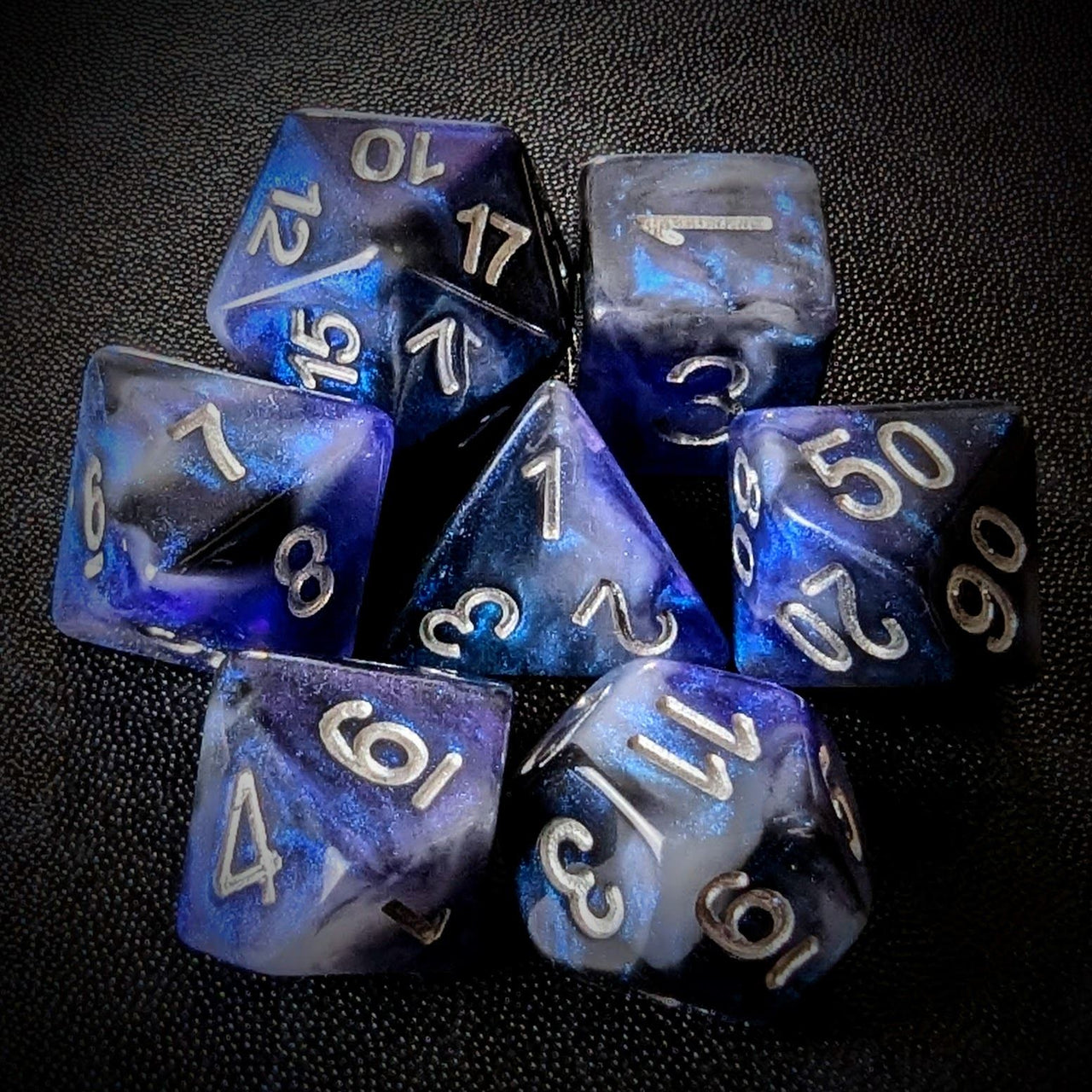 Glitter in Blue & Black Resin - 7pcs RPG Full Dice Set