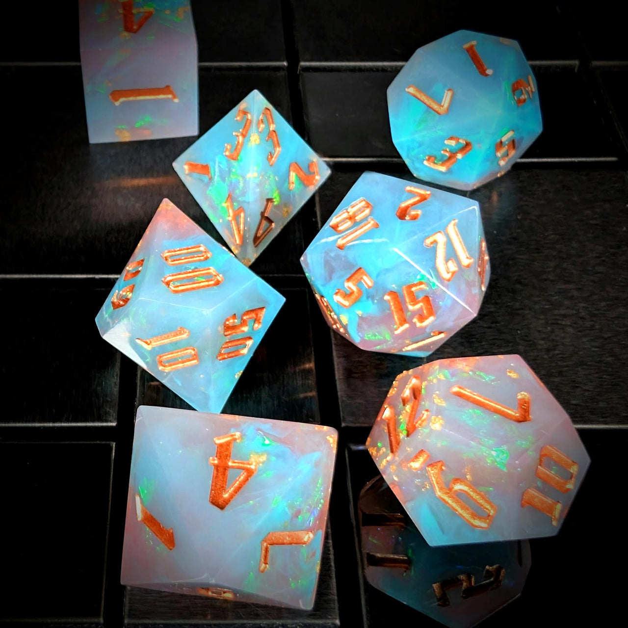 Candy in Blue & Pink with Copper Foil Sharp Resin - 7pcs RPG Dice Set