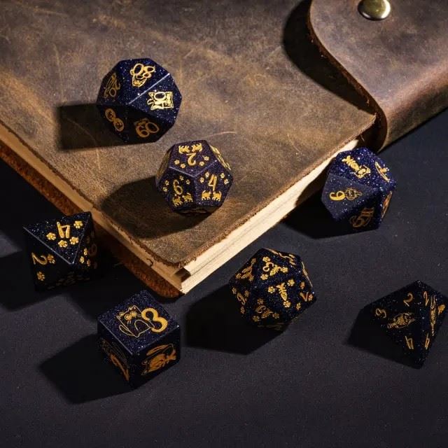 Cats on Blue Goldstone Gemstone - 7pcs RPG Dice Set