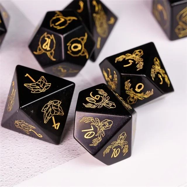 Beasts on Black Obsidian Gemstone - 7pcs RPG Dice Set