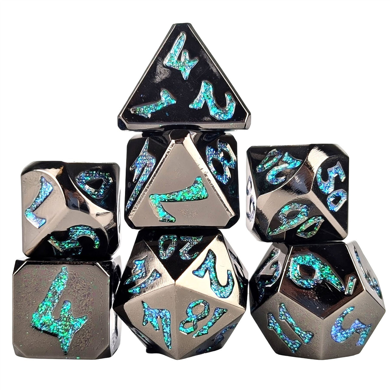 Black & Green Font in Black Metal - 7pcs RPG Dice Set