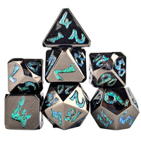 Thumbnail for Black & Green Font in Black Metal - 7pcs RPG Dice Set